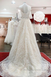 Modest Long A-line Sweetheart Tulle Lace Appliques Wedding Dresses with Sleeves